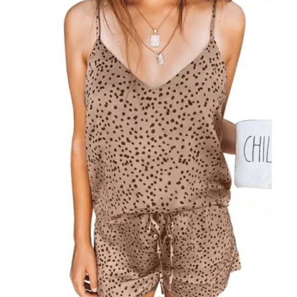 CHIC Bronze Satin Spotted PJ Set Tank & Shorts - Picture 1 of 8